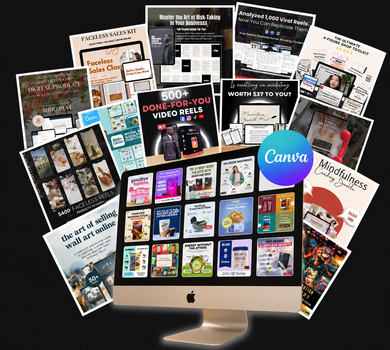 Collection of custom Canva branding kit templates displayed on an iMac